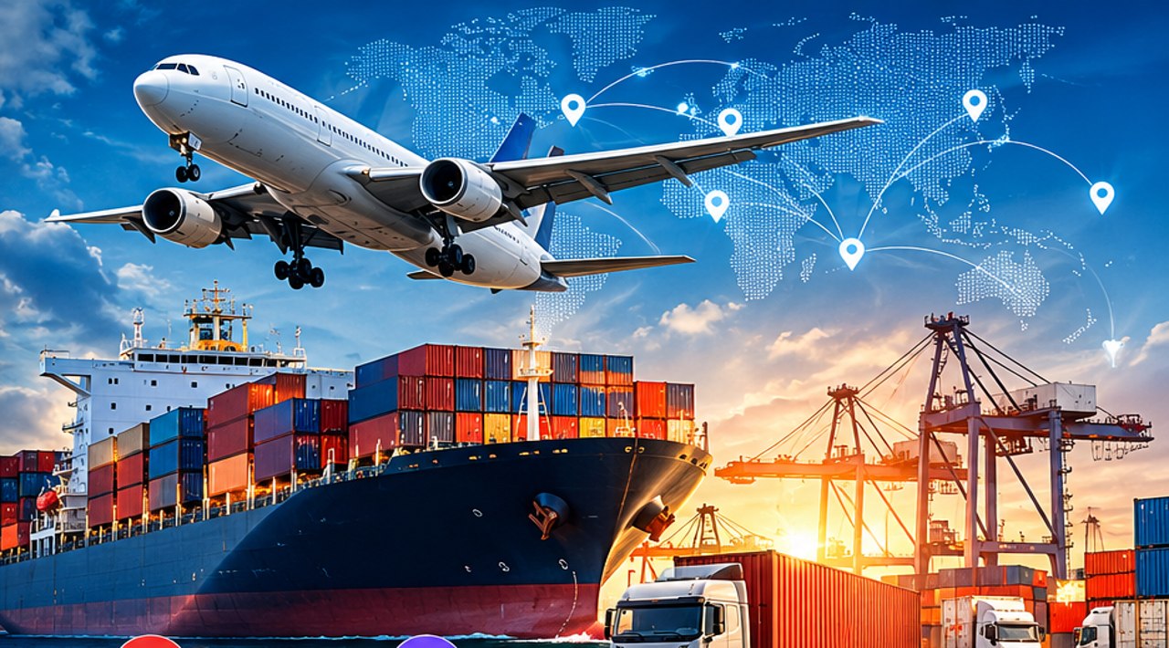 Illustration showing an aircraft and cargo ship